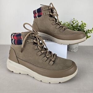 Skechers Tan‎ Lace Up Boots with Plaid Accent  Ultra Go, Air Cooled
